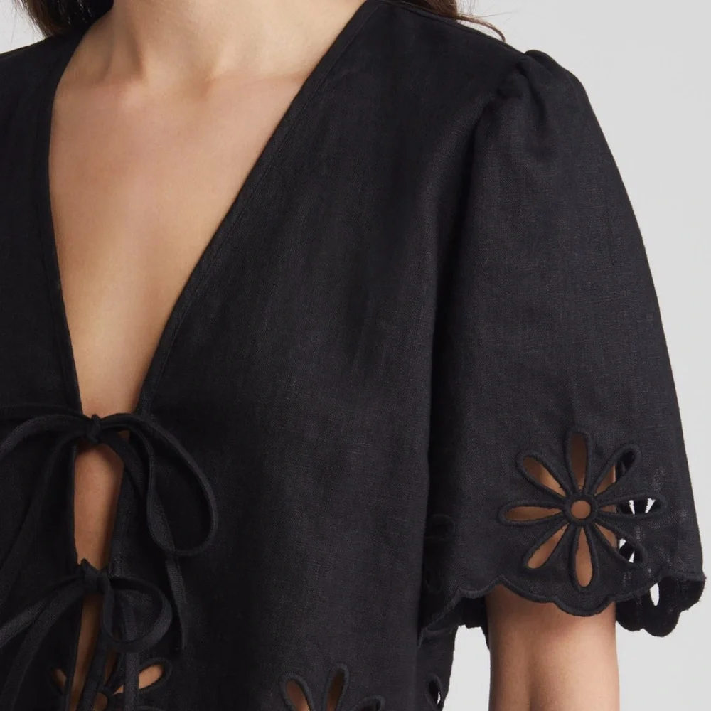 Rails Pari Eyelet Tie Front Linen Crop Top Black Size XL - Picture 5 of 5
